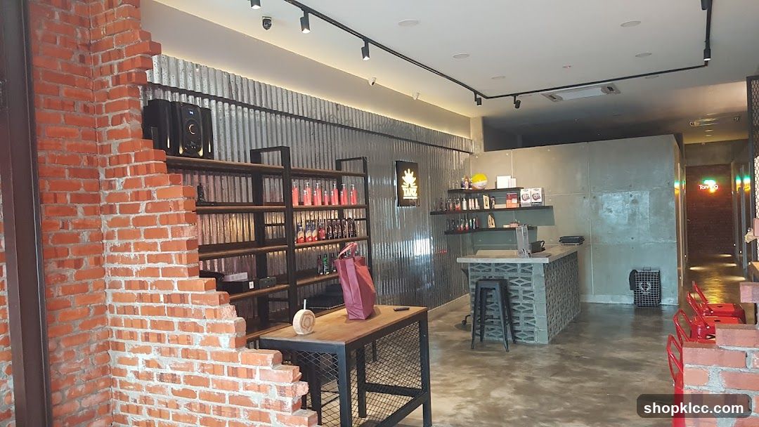 Interior of a modern shop with brick and metal decor