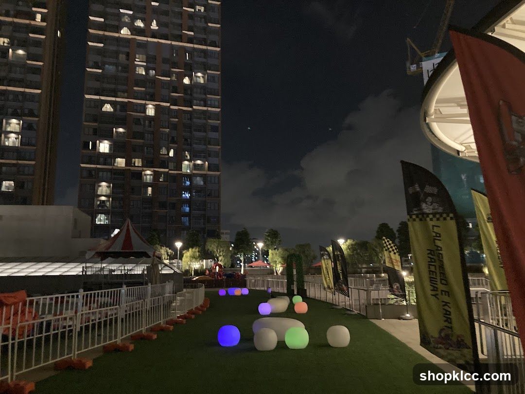 Outdoor entertainment area at night