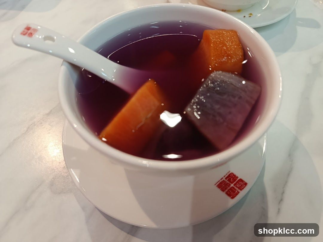 Purple Sweet Potato Soup with Taro and Orange Cube