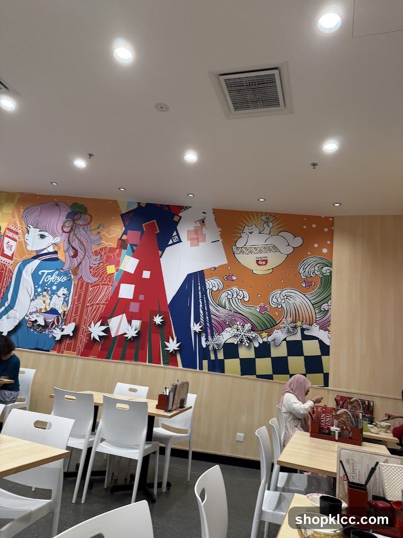 Interior of a Japanese-style restaurant with colorful wall art