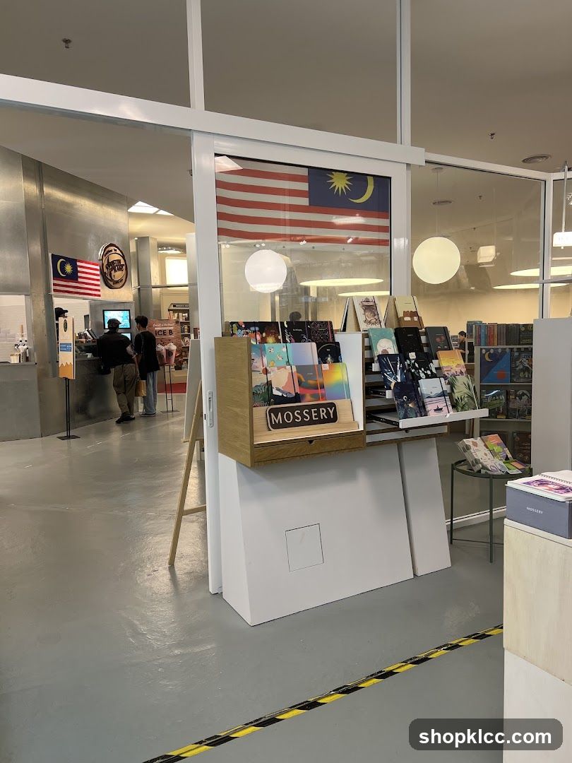 Bookstore interior with Malaysian flags
