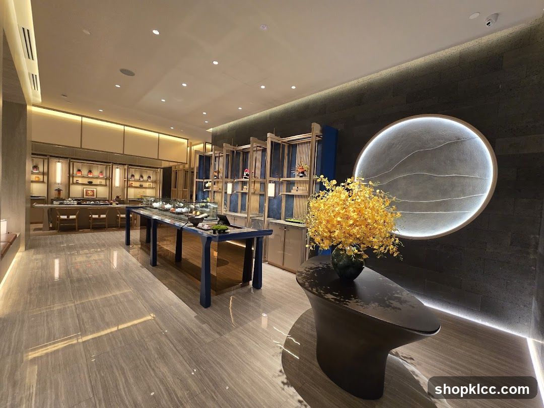 Elegant Interior with Display Shelves and Floral Arrangement