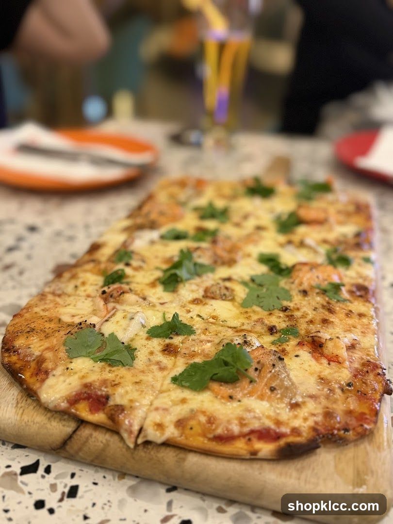 Rectangular Pizza with Shrimp and Cilantro