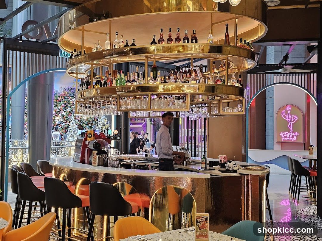 Bar Interior with Flamingo Neon Sign
