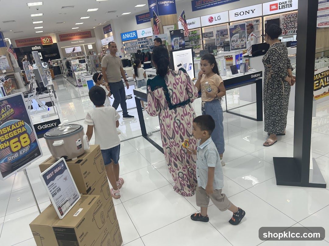 Electronics Store Interior with Shoppers and Displays