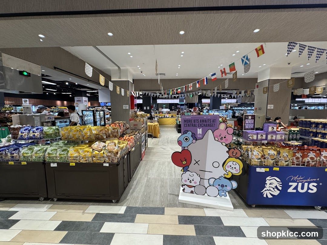 Supermarket aisle with merchandise and decorations