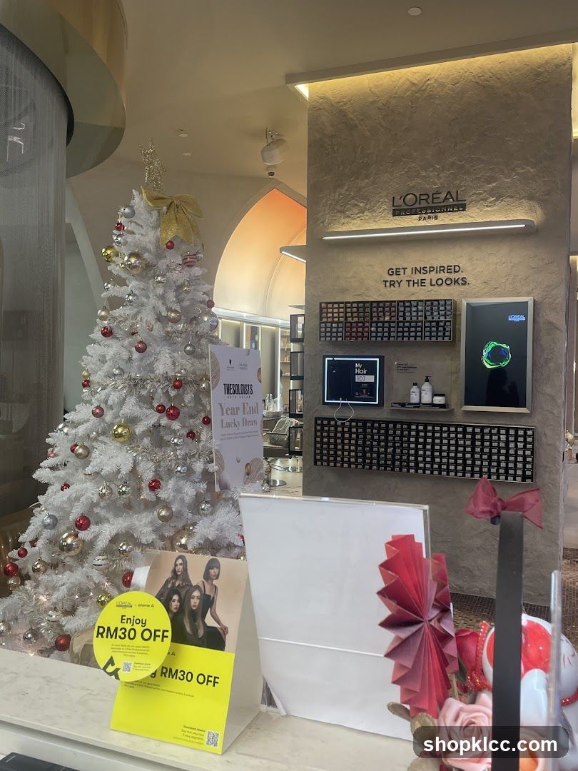Salon Interior with Christmas Tree and Promotions