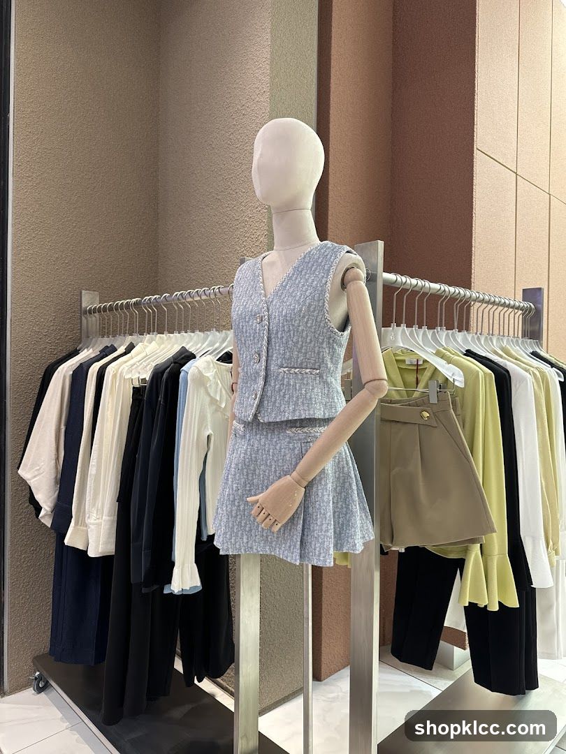 Mannequin in a light blue tweed vest and skirt set