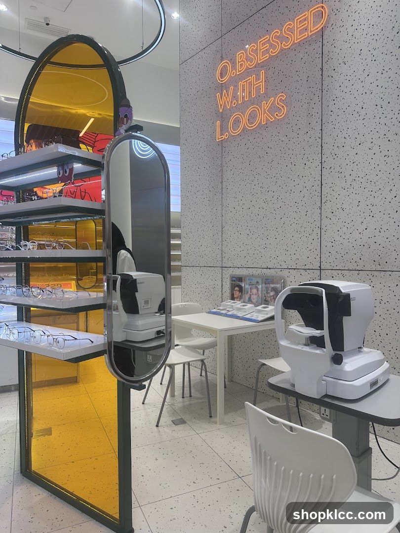 Eyewear store interior with neon sign