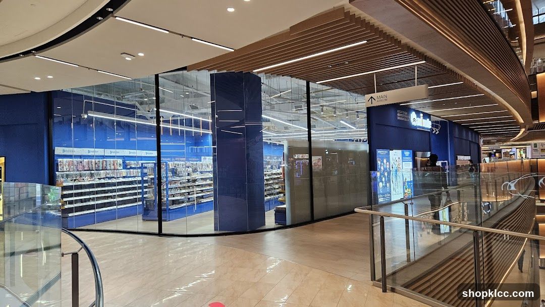 Storefront with blue walls and shelves
