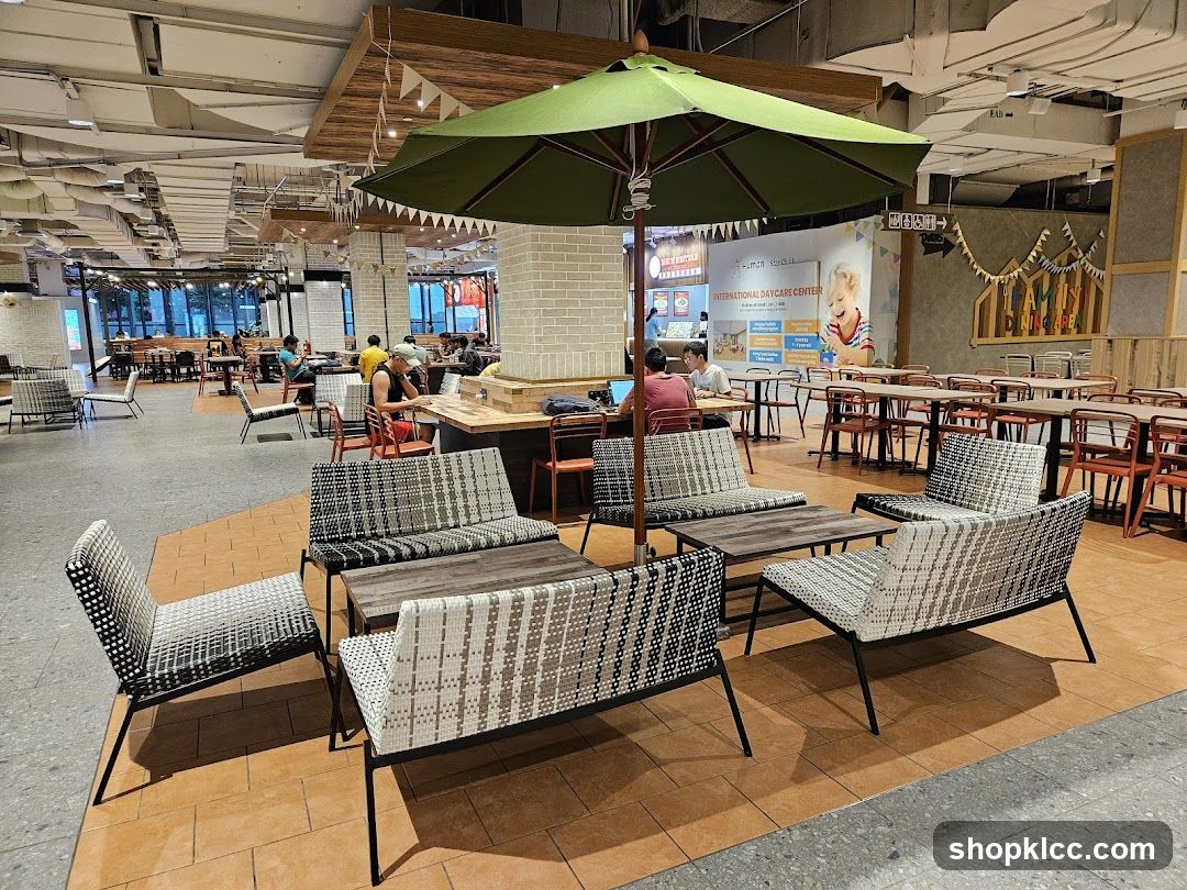 Indoor seating area with tables and chairs