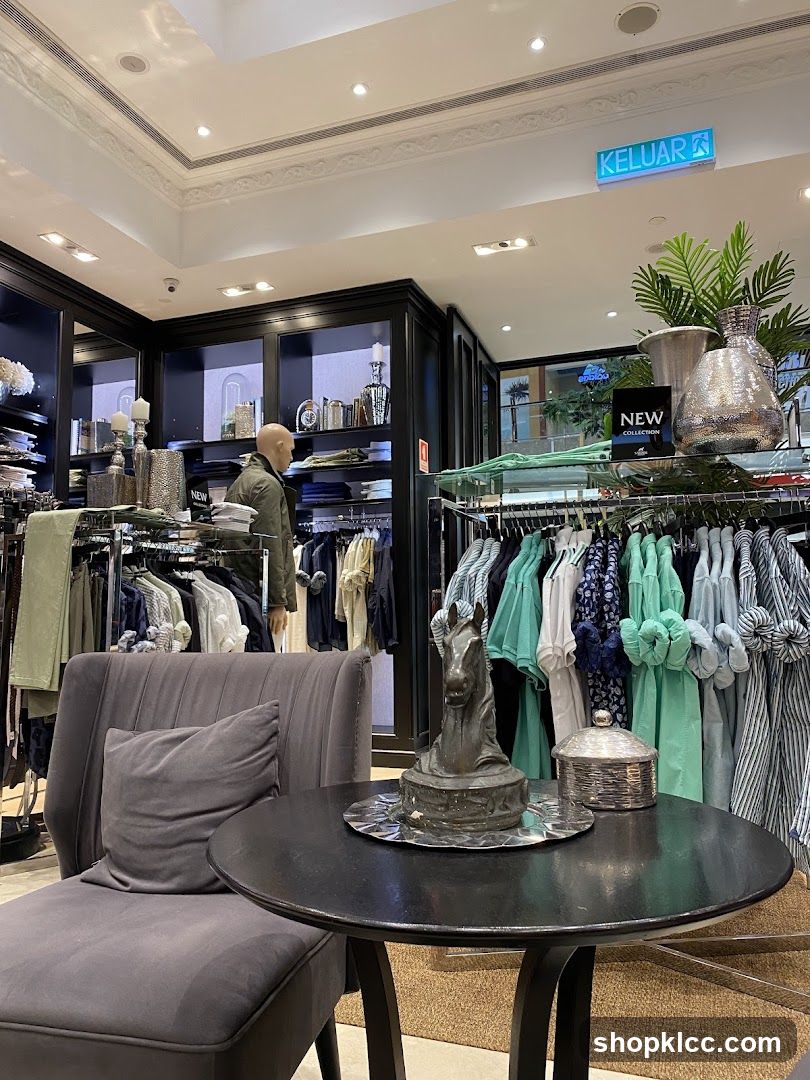 Clothing store interior with seating area
