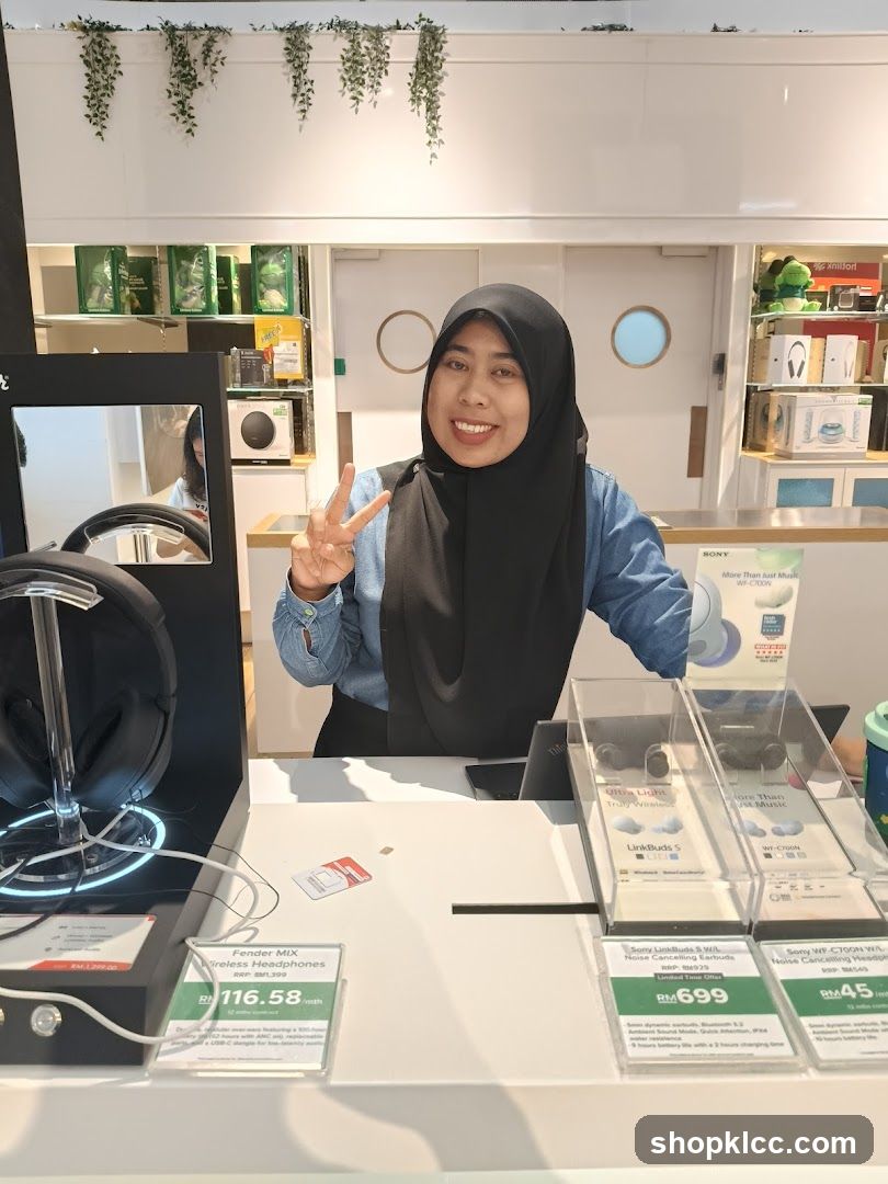 Store Employee with Headphones Display