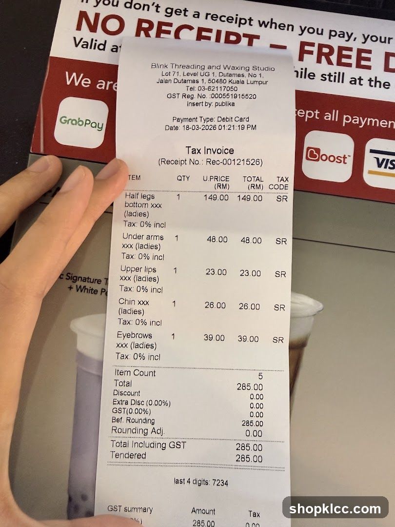 Receipt from Blink Threading and Waxing Studio