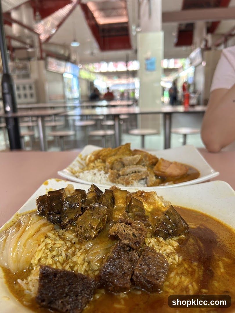 Food court with two plates of rice dishes