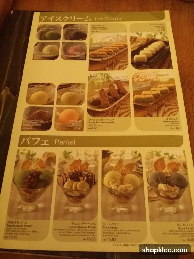 Ice Cream and Parfait Menu