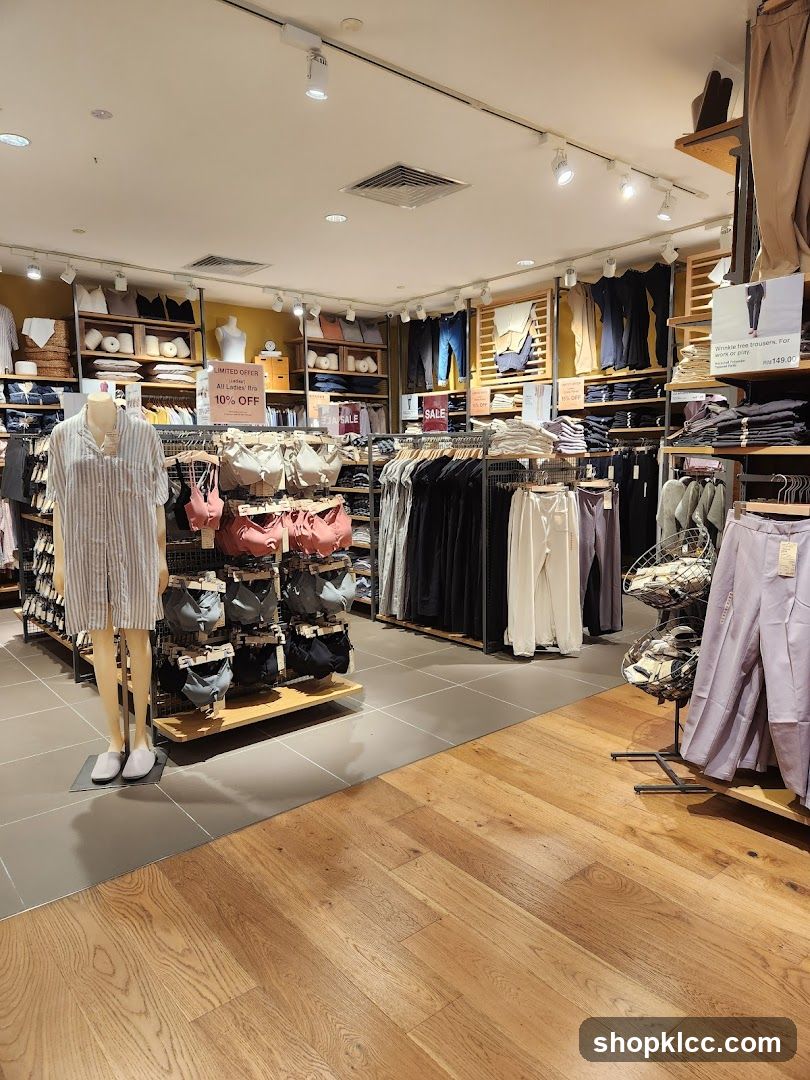 Clothing store interior with sale signs