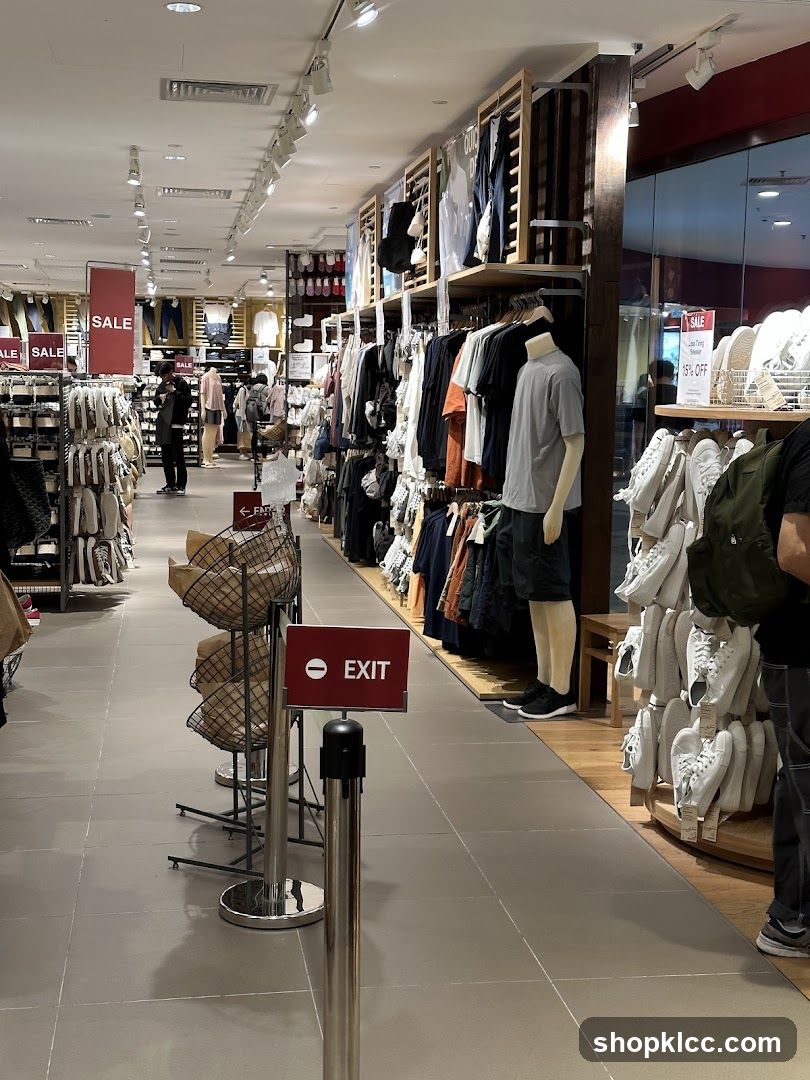 Clothing store interior with sale signs