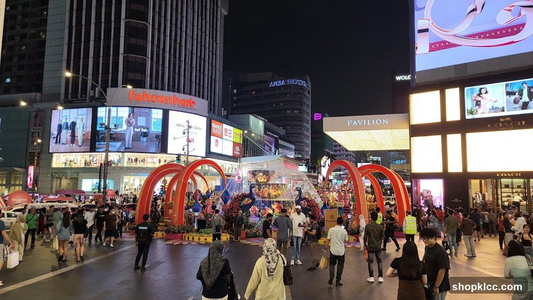 Nighttime street scene with festive decorations