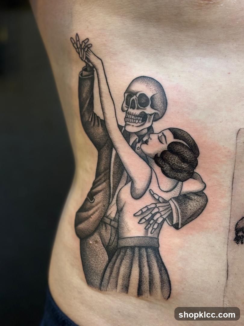 Tattoo of a skeleton dancing with a woman