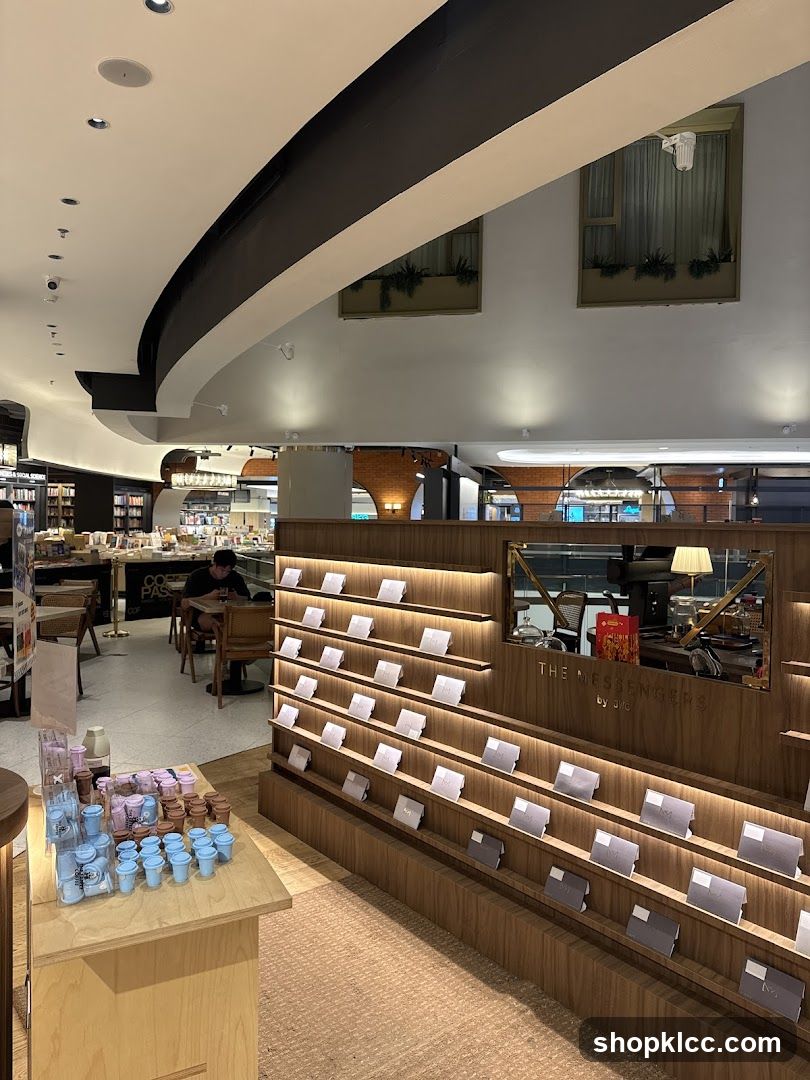 Interior of a store with display shelves and seating area