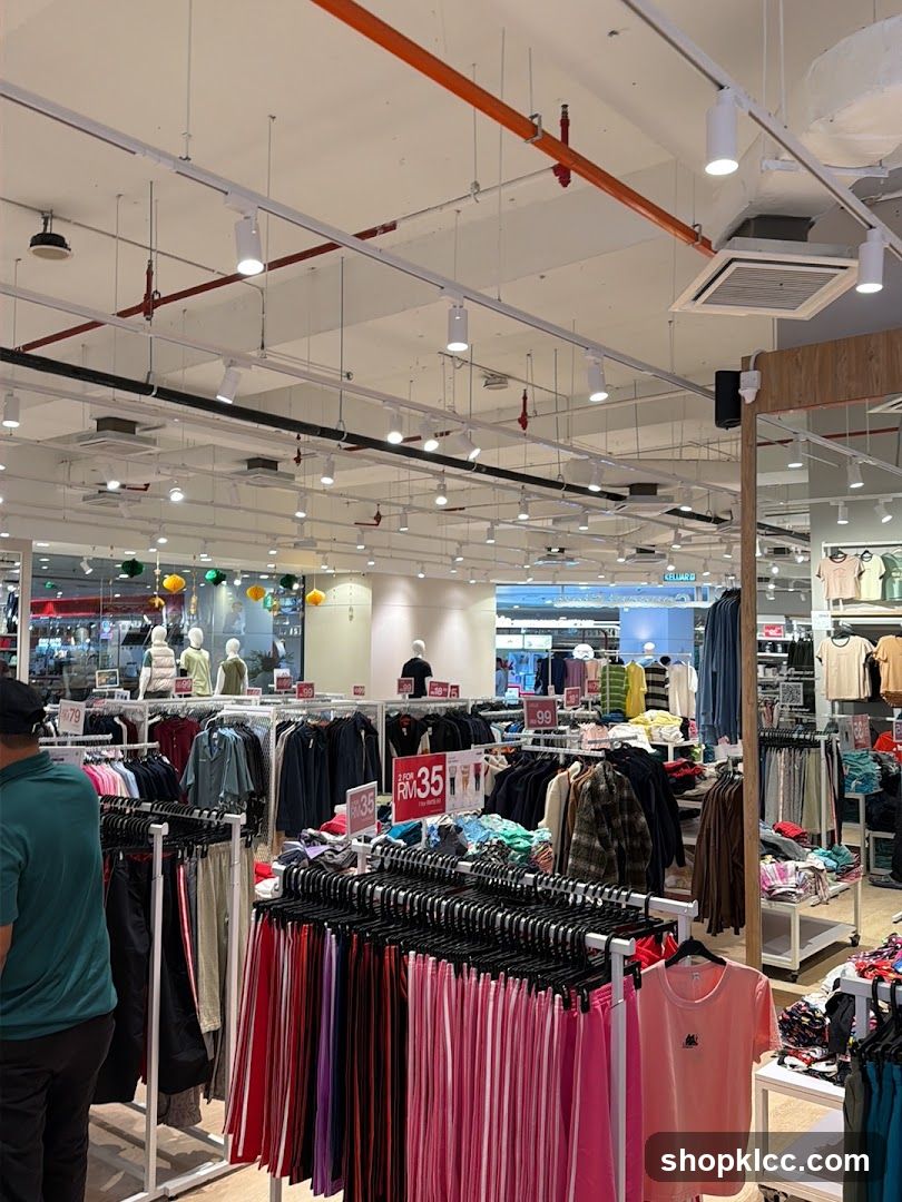 Clothing store interior with racks of apparel