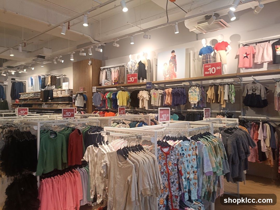 Clothing store interior with racks of apparel