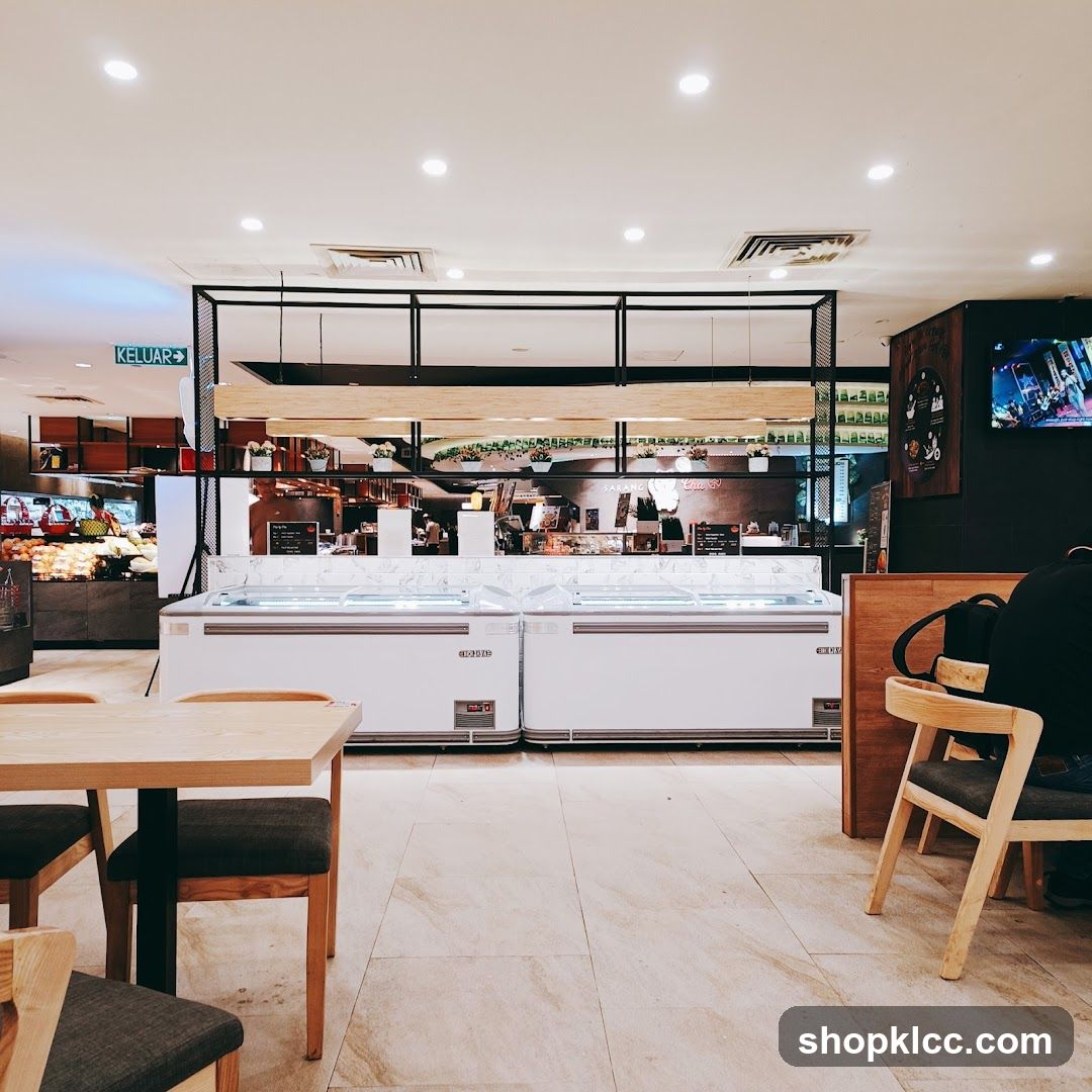 Supermarket Interior with Refrigerators and Seating Area