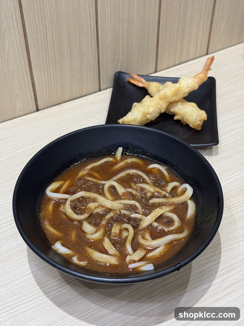 Udon with Minced Meat and Tempura Shrimp