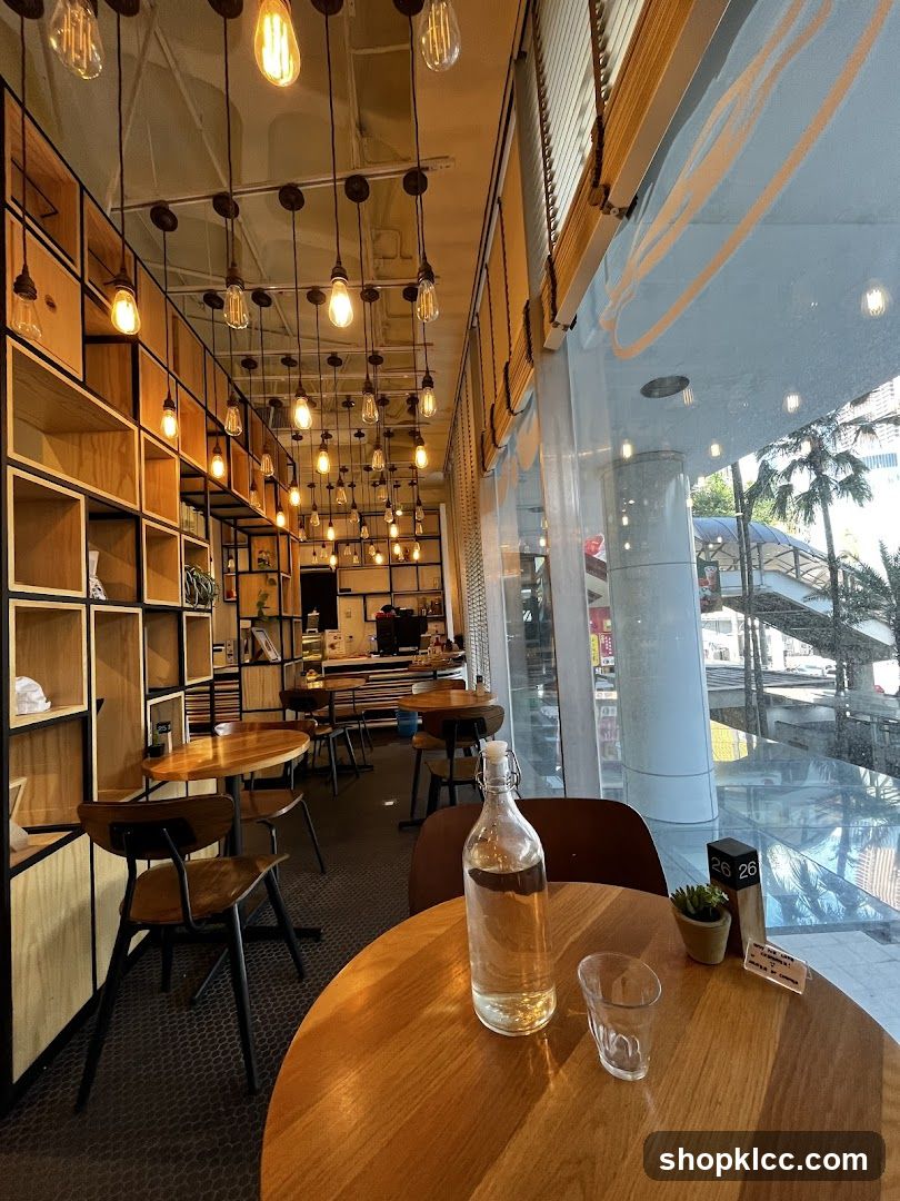 Cafe Interior with Wooden Shelving and Pendant Lights