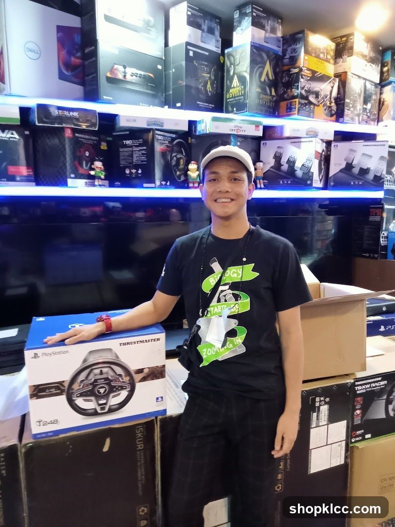 Gamer with Racing Wheel