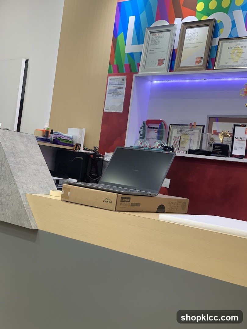 Lenovo Laptop and Box on Counter