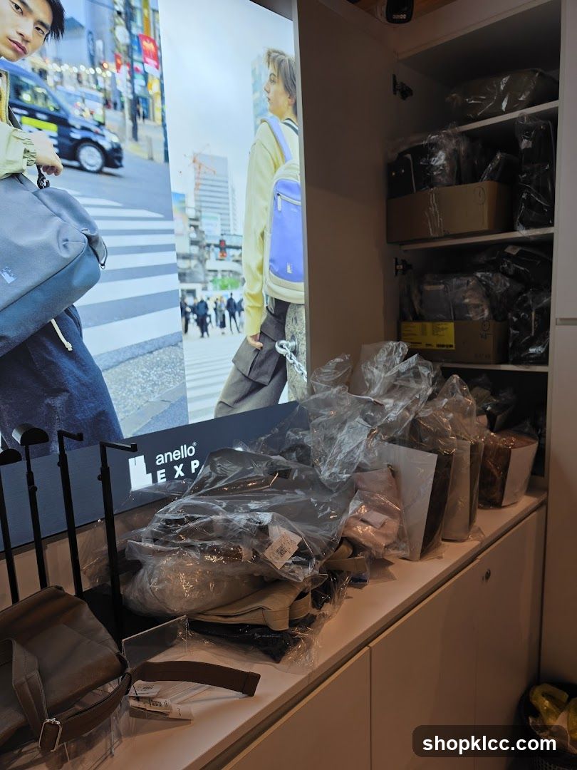 Store Display with Bags and Promotional Images