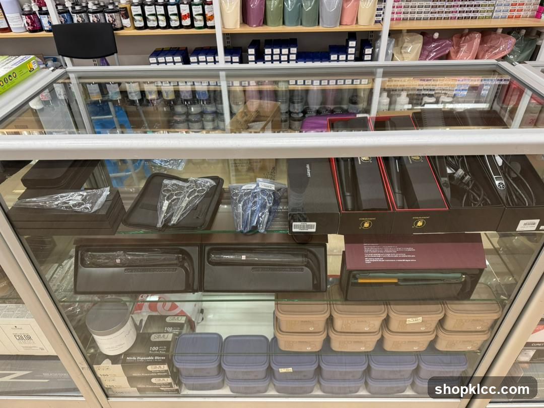 Display Case with Hair Styling Tools and Accessories