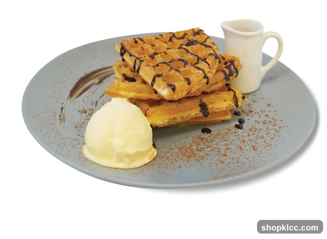 Waffles with Ice Cream and Chocolate Drizzle