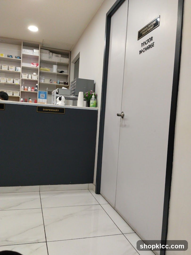 Clinic interior with dispensary and doctor's office