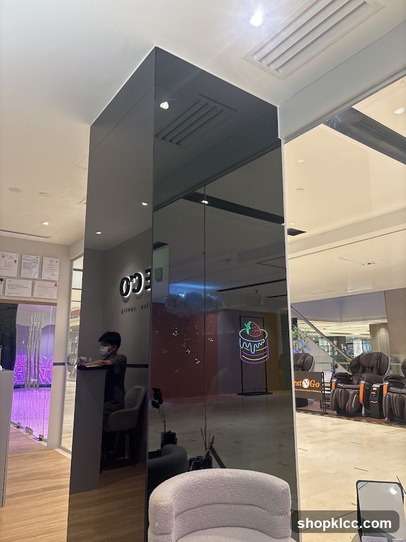 Interior of a modern establishment with reflective surfaces