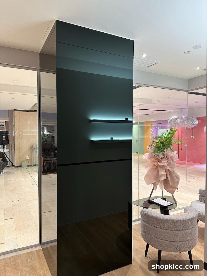 Modern Interior with Mirrored Pillar and Seating Area