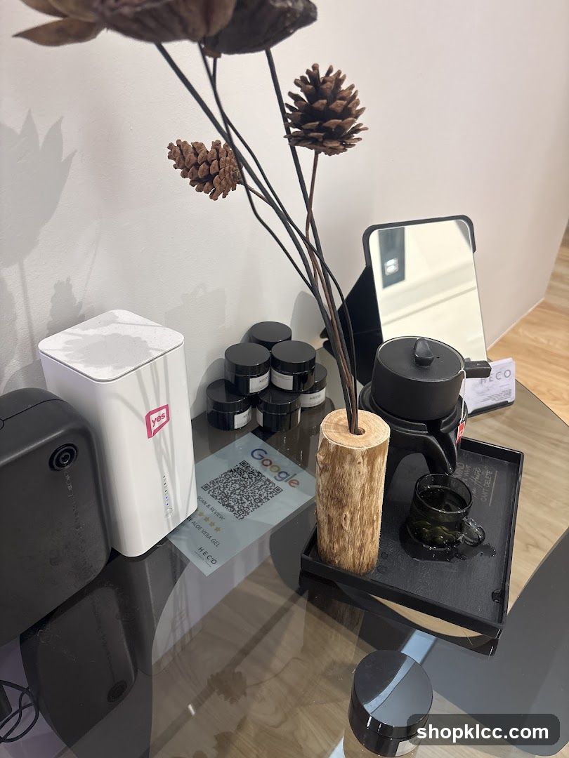 Tabletop Display with Skincare Products and Decorative Elements