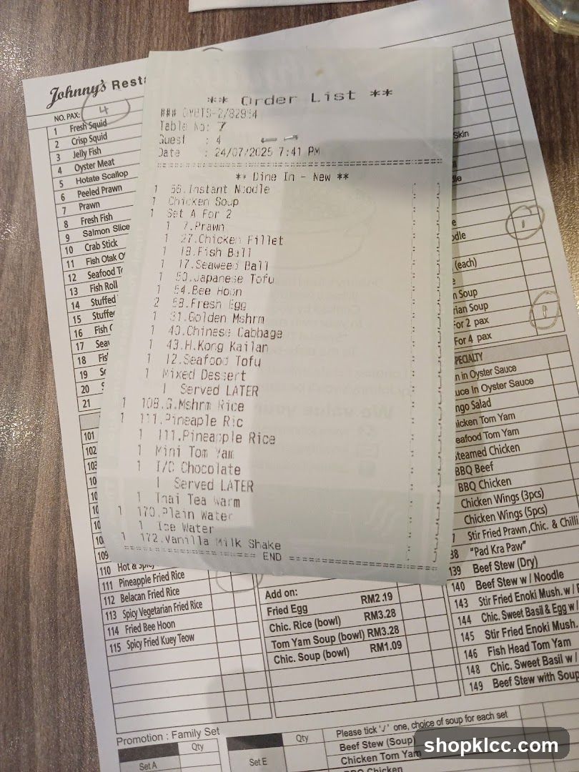 Johnny's Restaurant Order List