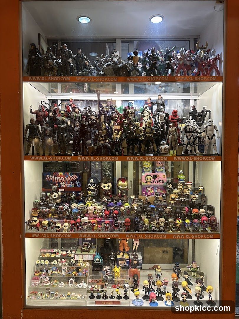 Display case with action figures and collectibles