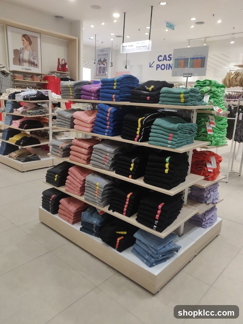 Folded T-shirts on display shelves
