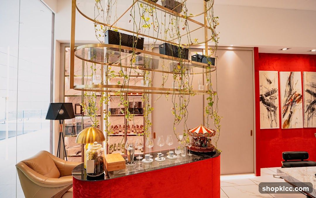 Interior Bar Area with Red Accent Wall and Hanging Plants