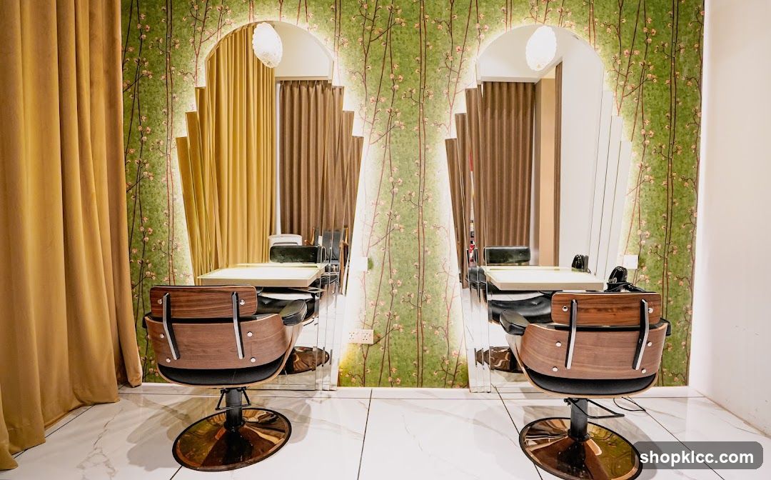 Salon Interior with Mirrored Walls and Wooden Chairs