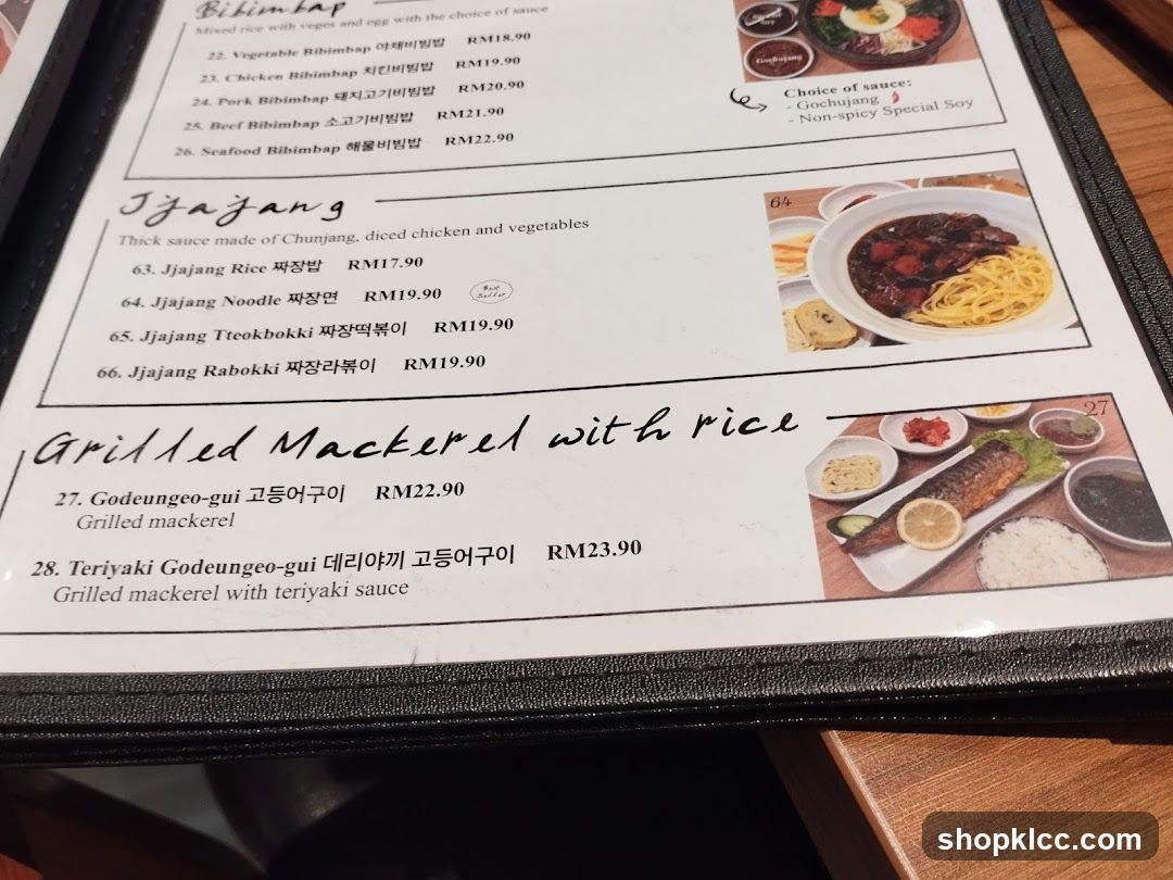 Bibimbap, Jjajang, Grilled Mackerel with rice menu