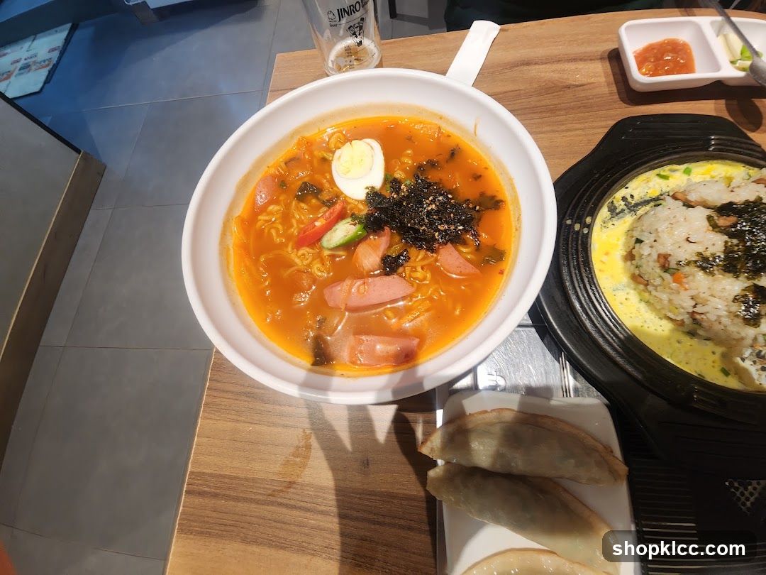 Korean-style meal with spicy ramen and side dishes