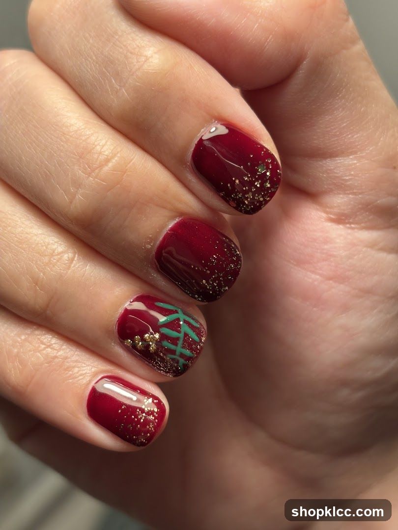 Red Nail Art with Gold and Green Accents