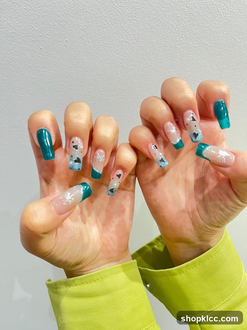 Teal and White Snowflake Nail Art