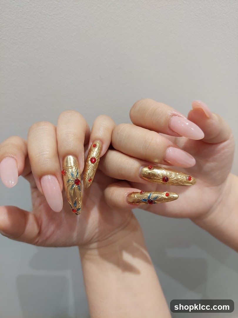 Elaborate Gold and Pink Nail Art