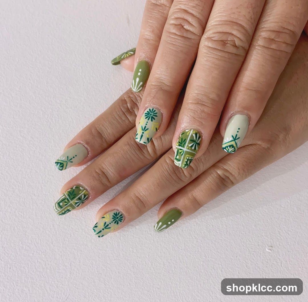 Green Floral Nail Art